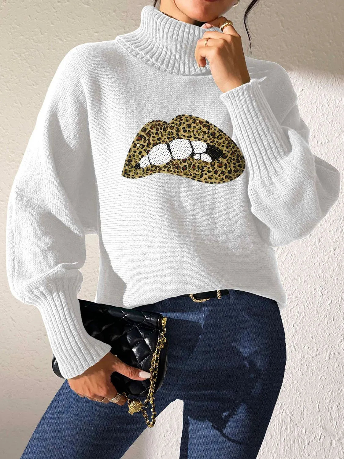 Lip Turtleneck Long Sleeve Sweater - Wellen Fashion