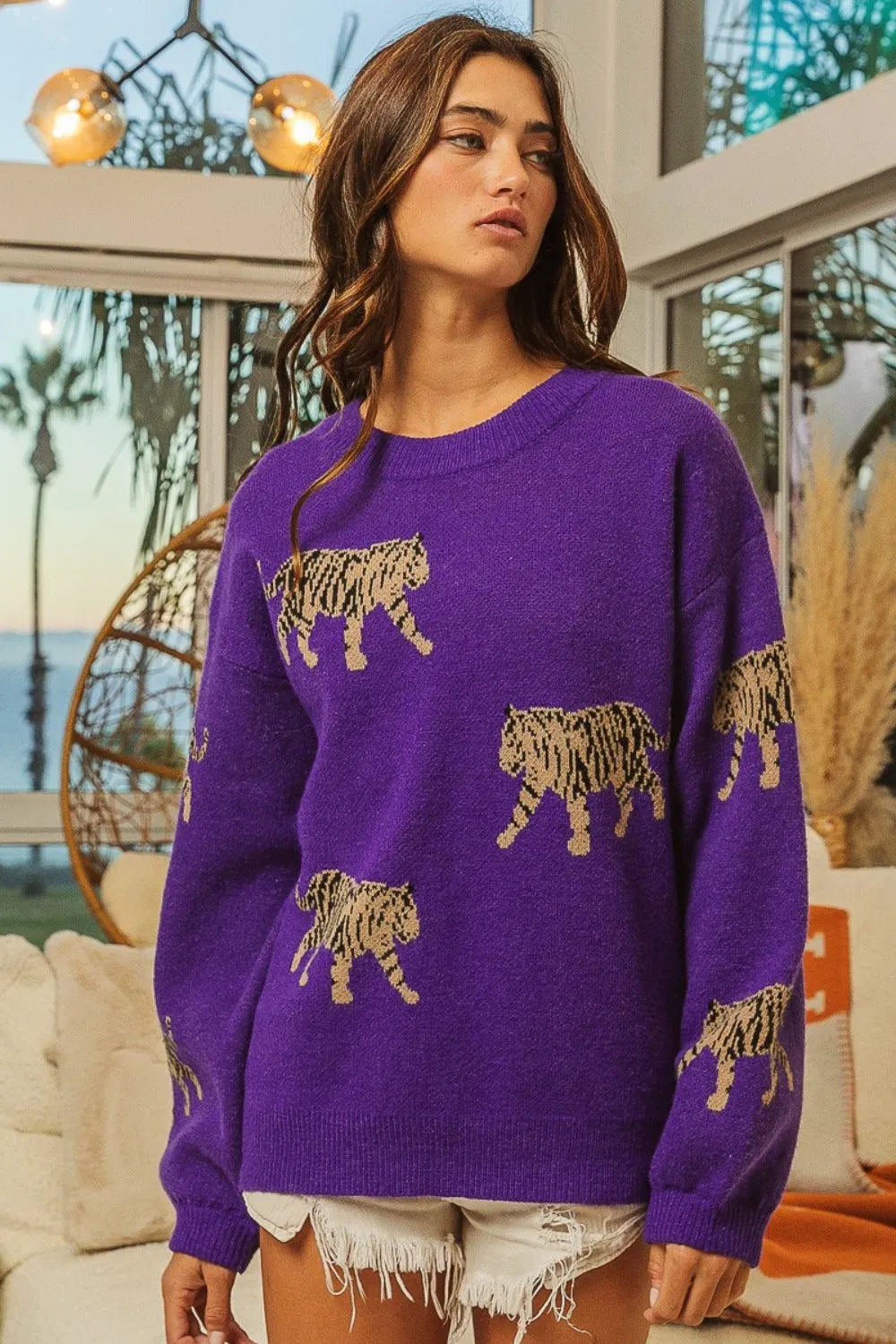 BiBi Tiger Pattern Long Sleeve Sweater - Wellen Fashion