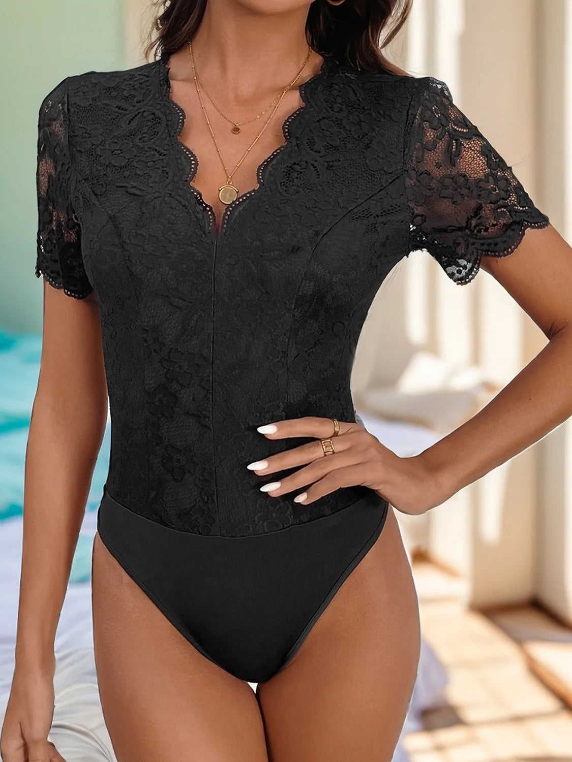 V-Neck Short Sleeve Lace Bodysuit - Wellen Fashion