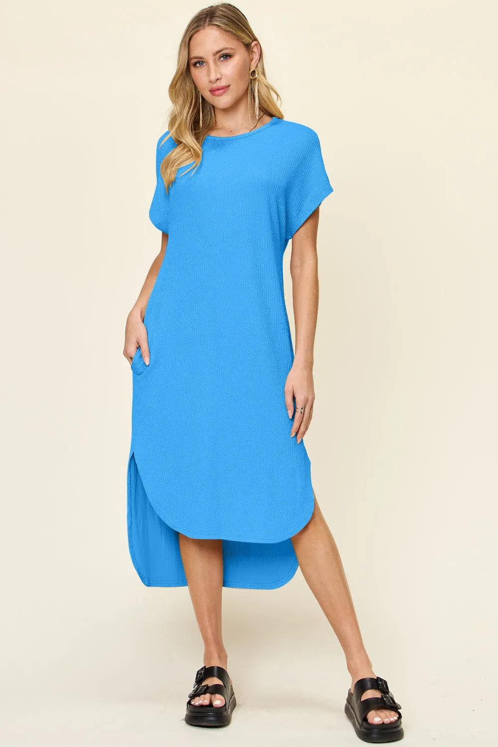 Double Take Full Size Round Neck Short Sleeve Slit Dress - Wellen Fashion