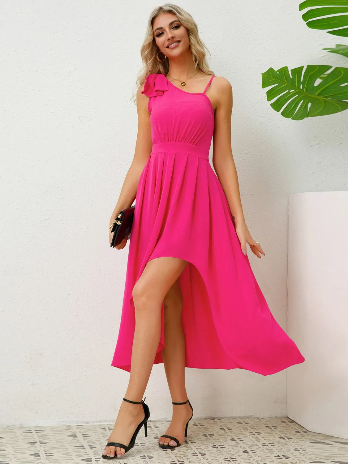 Bow Asymmetrical Neck Sleeveless Dress - Wellen Fashion