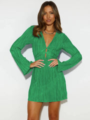 Tied Plunge Flare Sleeve Mini Dress - Wellen Fashion