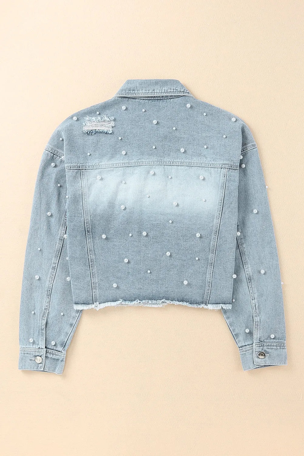 Distressed Pearl Trim Button Up Denim Jacket - Wellen Fashion