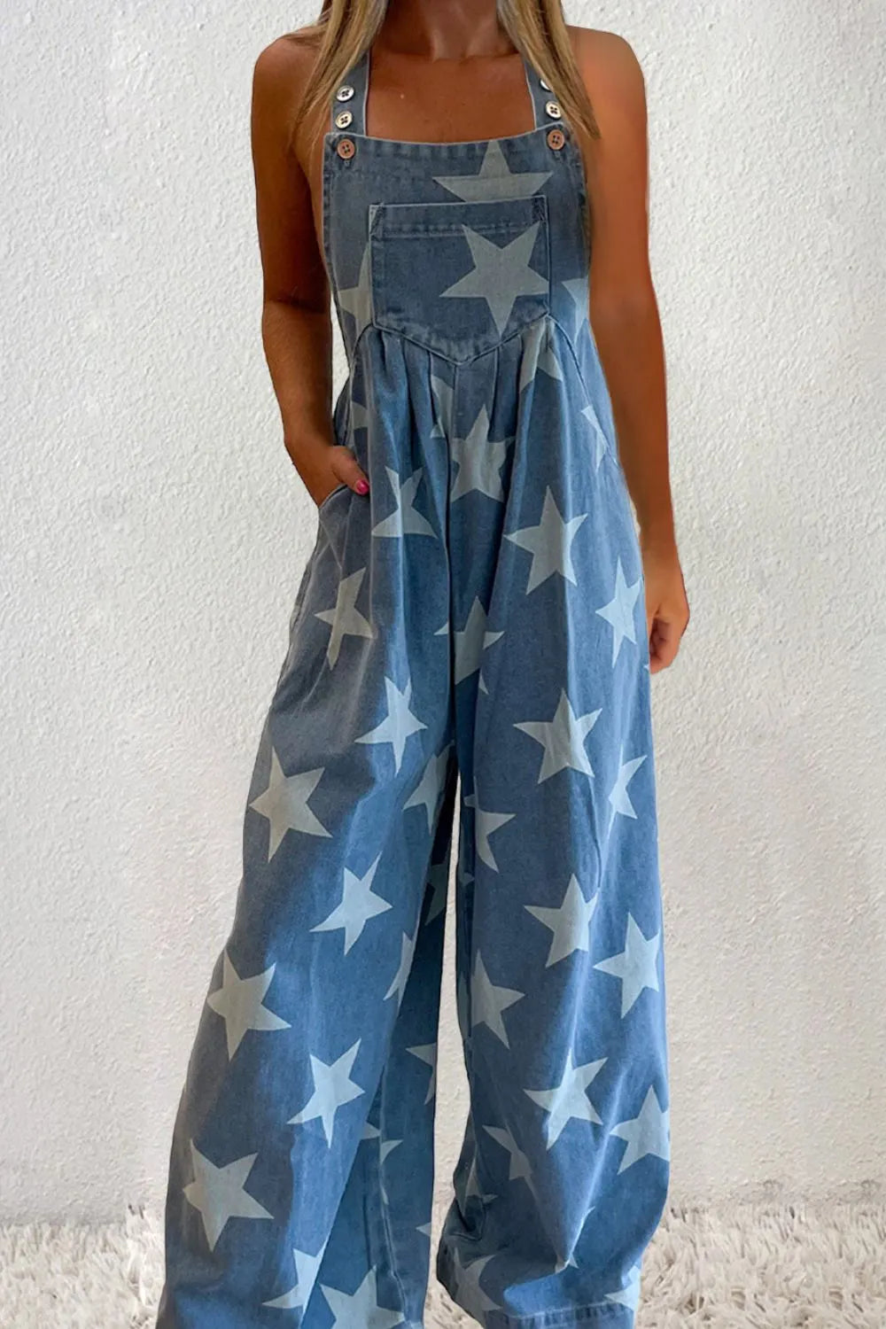 Star Square Neck Wide Leg Denim Overalls - Wellen Fashion