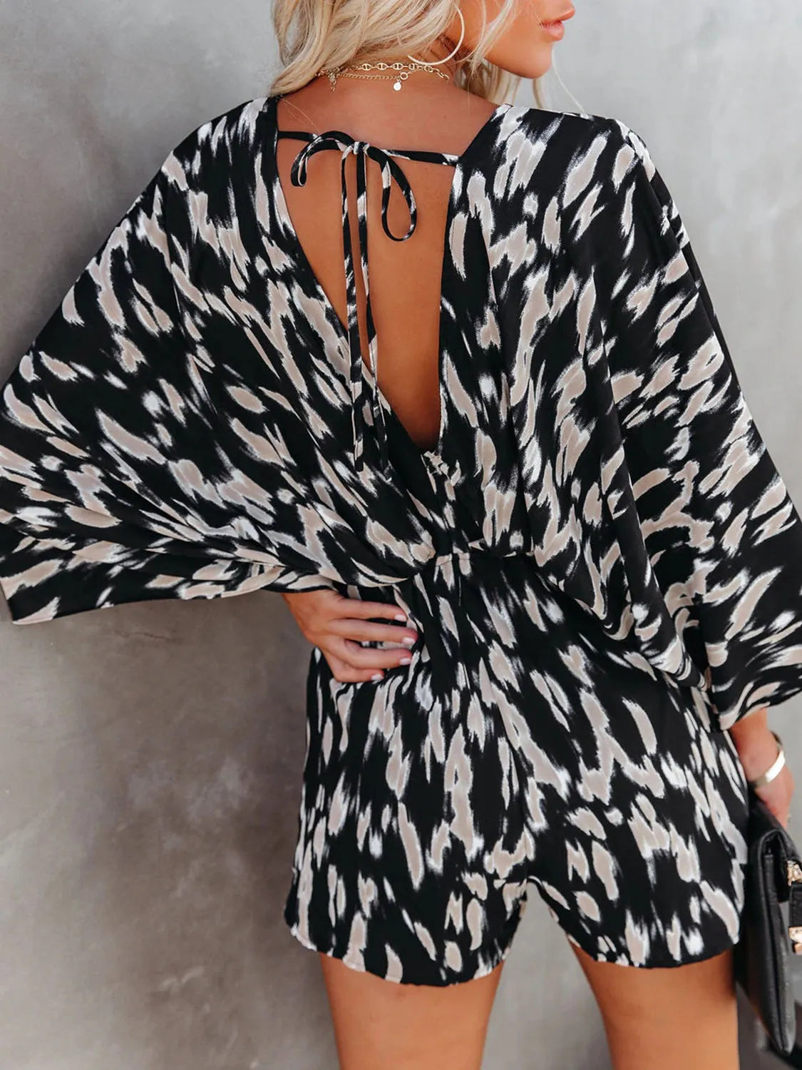 Tied Printed Kimono Sleeve Romper - Wellen Fashion