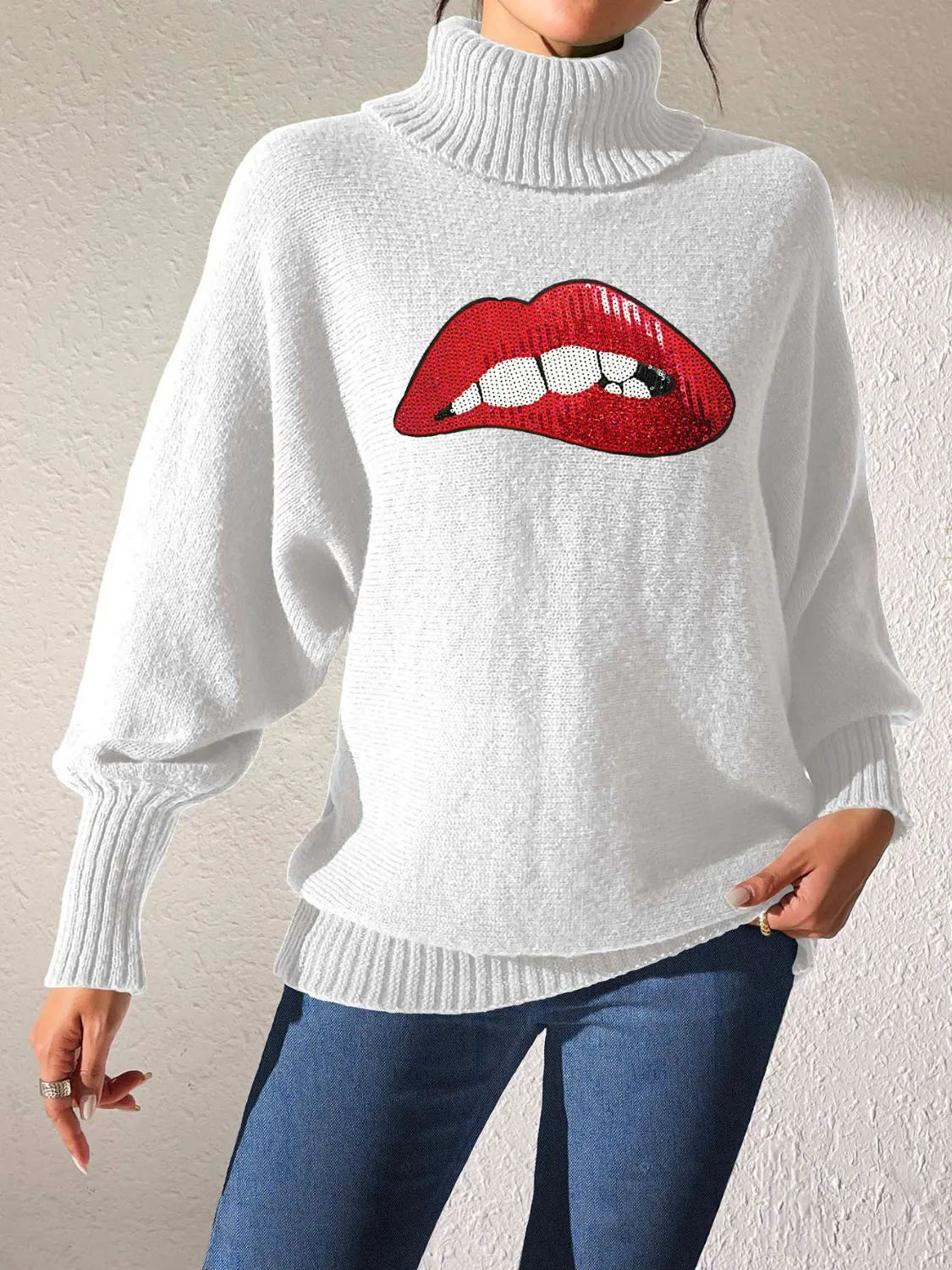 Lip Turtleneck Long Sleeve Sweater - Wellen Fashion