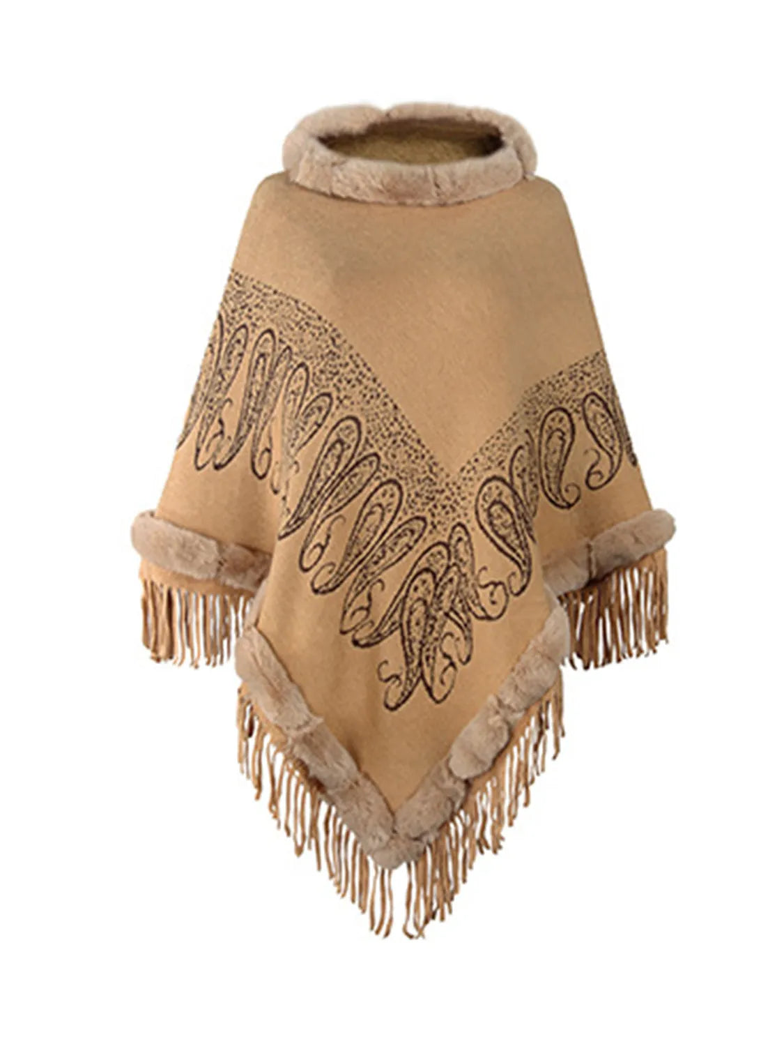 Graphic Fringe Cape Sleeve Poncho - Wellen Fashion