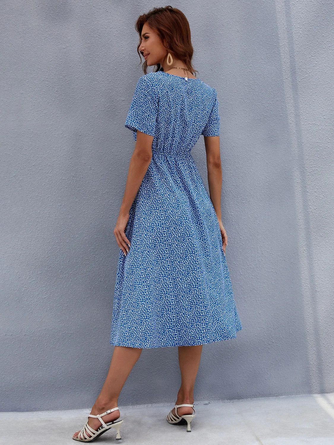 Printed Round Neck Short Sleeve Midi Dress - Wellen Fashion