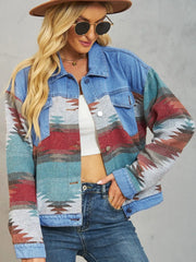 Geometric Button Up Dropped Shoulder Denim Jacket - Wellen Fashion