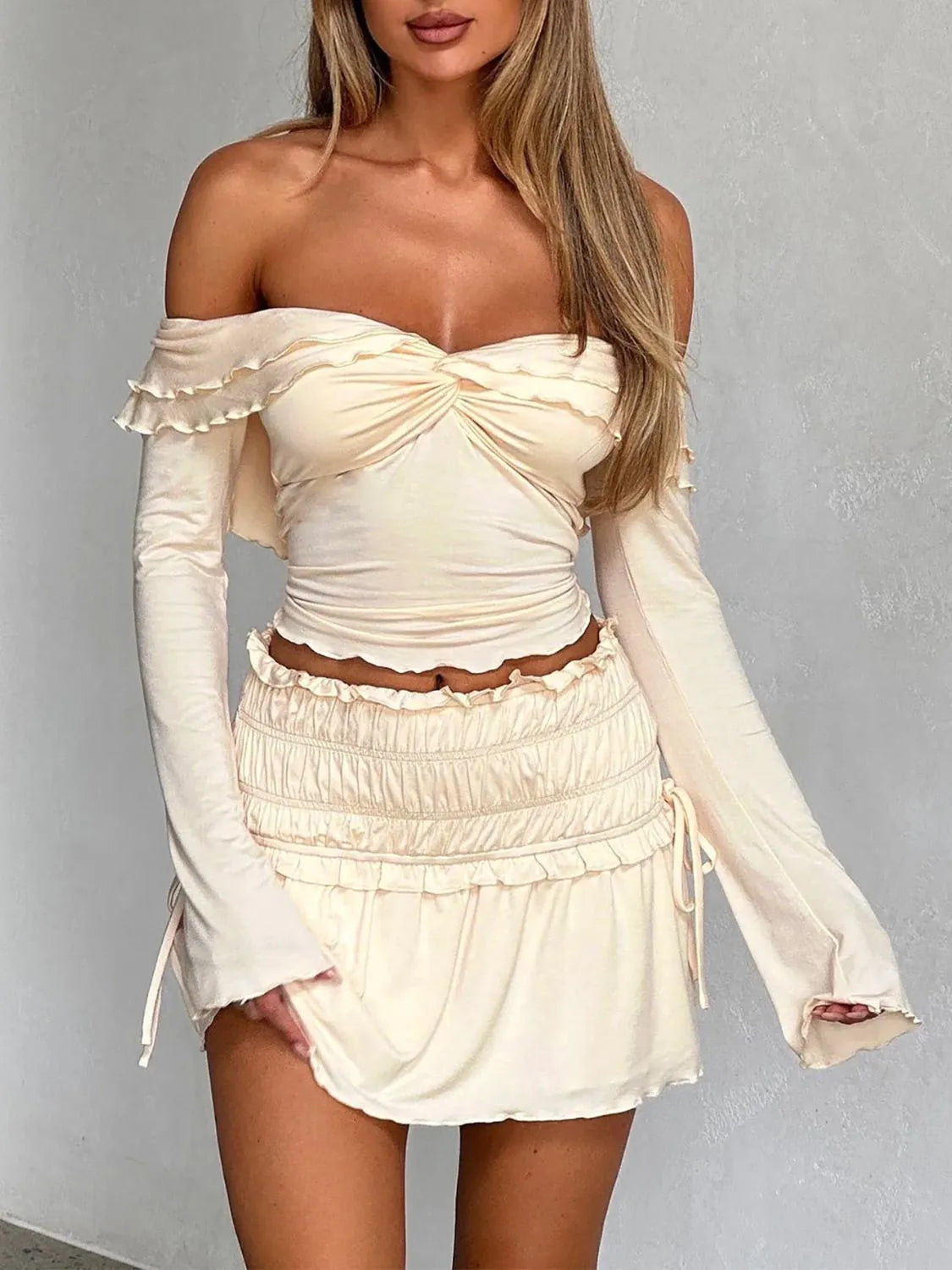 Devine Twisted Ruffled Off-Shoulder Long Sleeve T-Shirt - Wellen Fashion