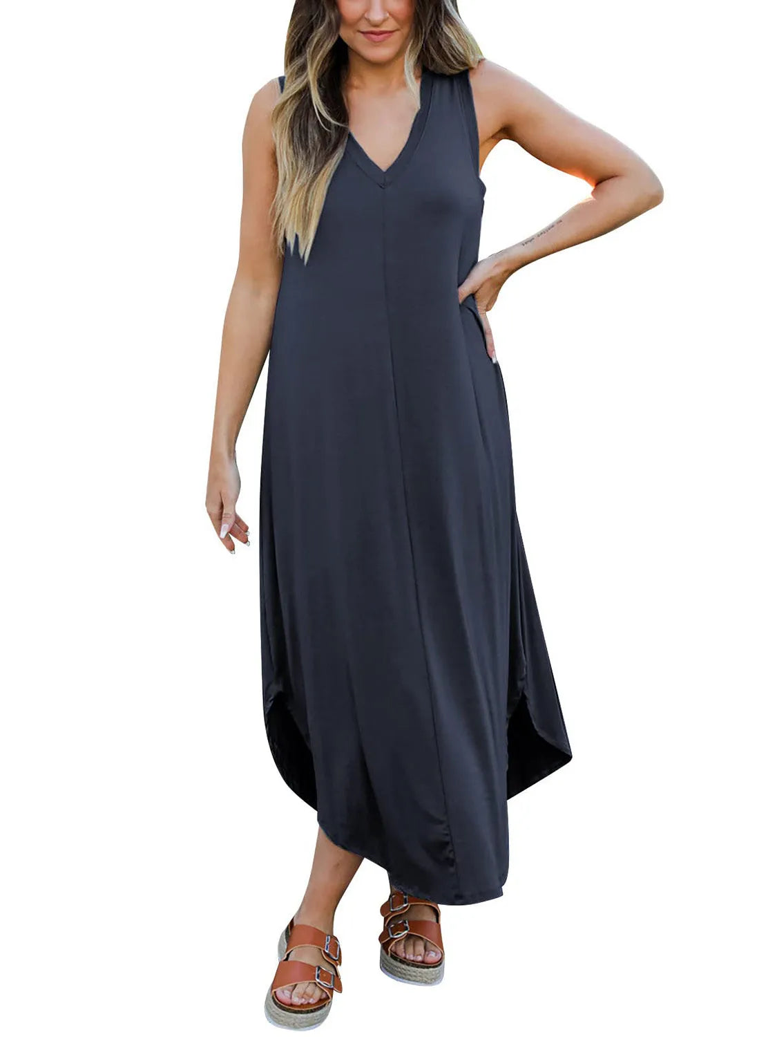 Full Size V-Neck Midi Tank Dress - Wellen Fashion