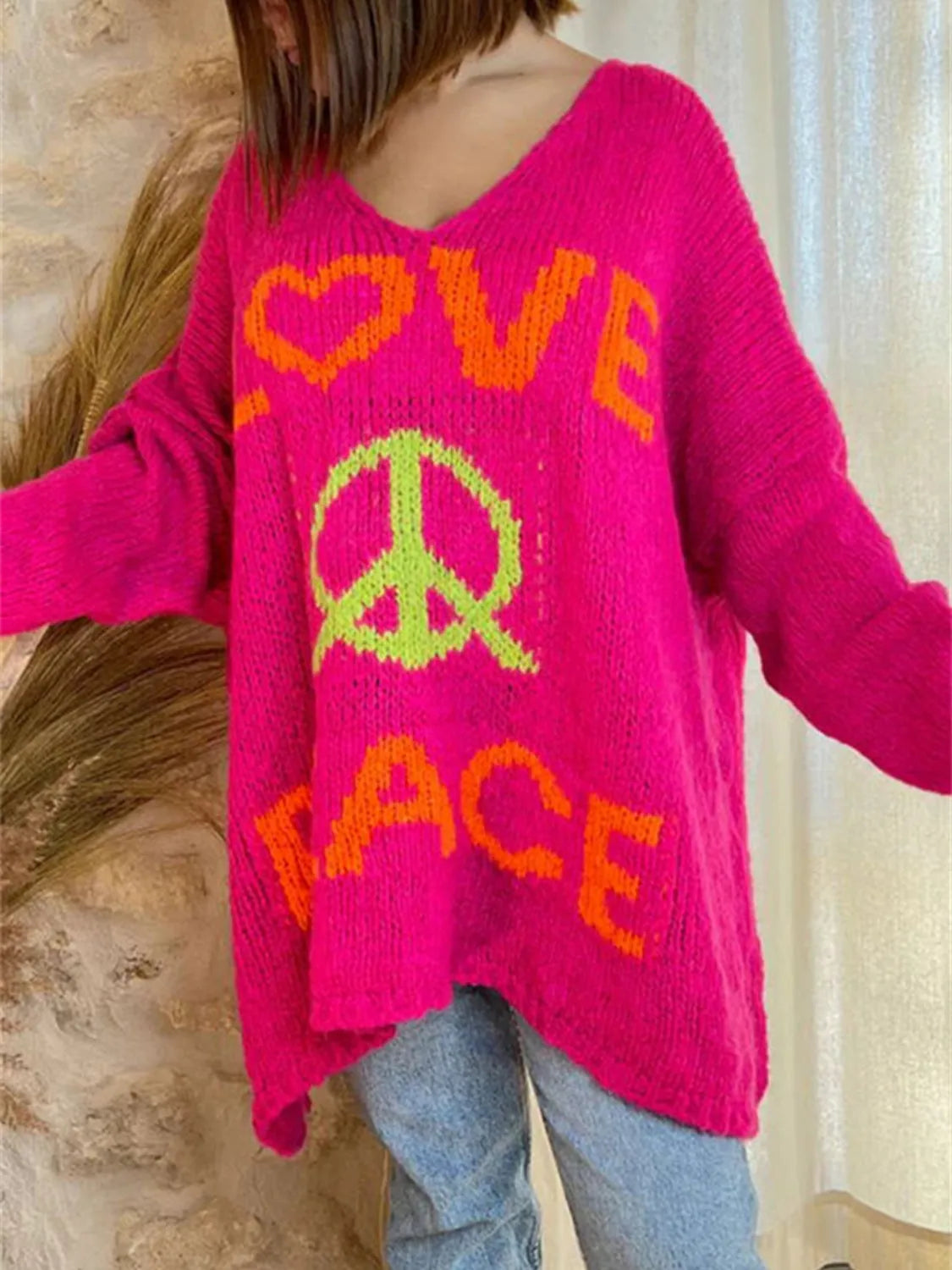 Peace Graphic V-Neck Long Sleeve Sweater - Wellen Fashion