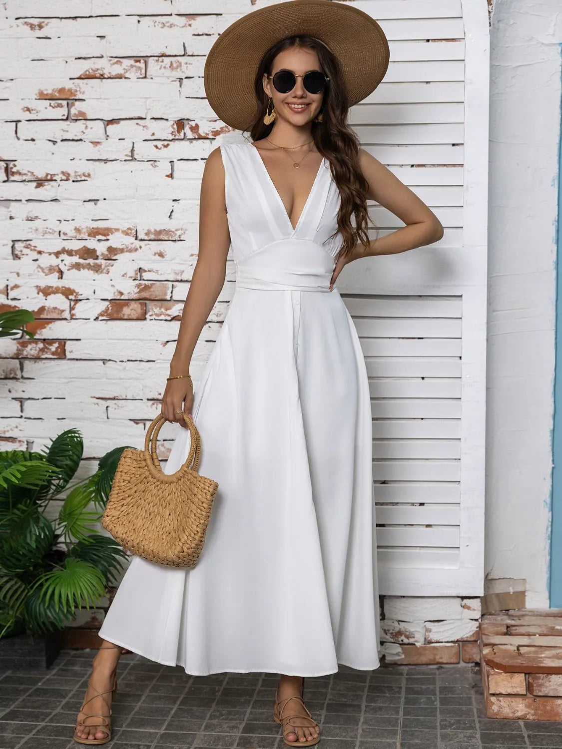 Full Size Slit V-Neck Sleeveless Midi Dress - Wellen Fashion