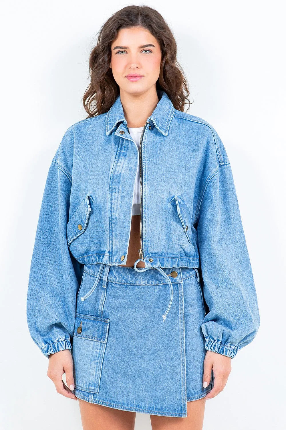 American Bazi Drawstring Waist Crop Denim Jacket - Wellen Fashion