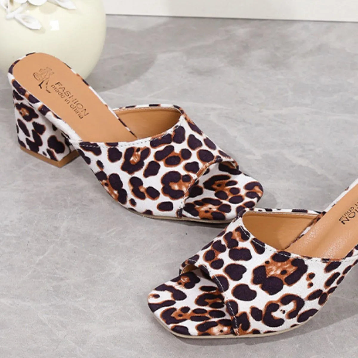 Leopard Block Heel Suede Sandals - Wellen Fashion