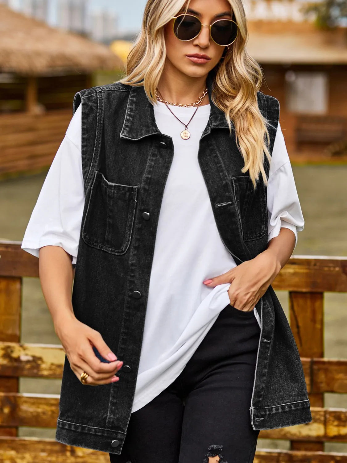 Button Down Denim Vest - Wellen Fashion