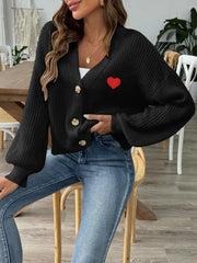 Heart Button Down V-Neck Long Sleeve Cardigan - Wellen Fashion