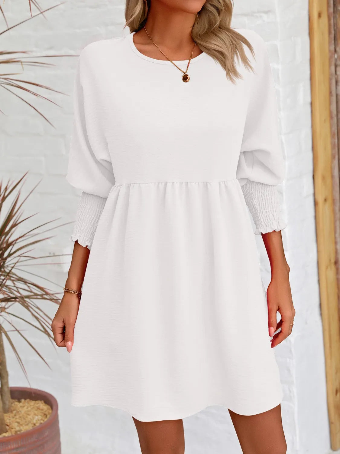 Round Neck Lantern Sleeve Mini Dress - Wellen Fashion