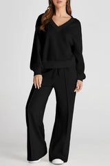 V-Neck Long Sleeve Top and Pants Active Set - Wellen Fashion