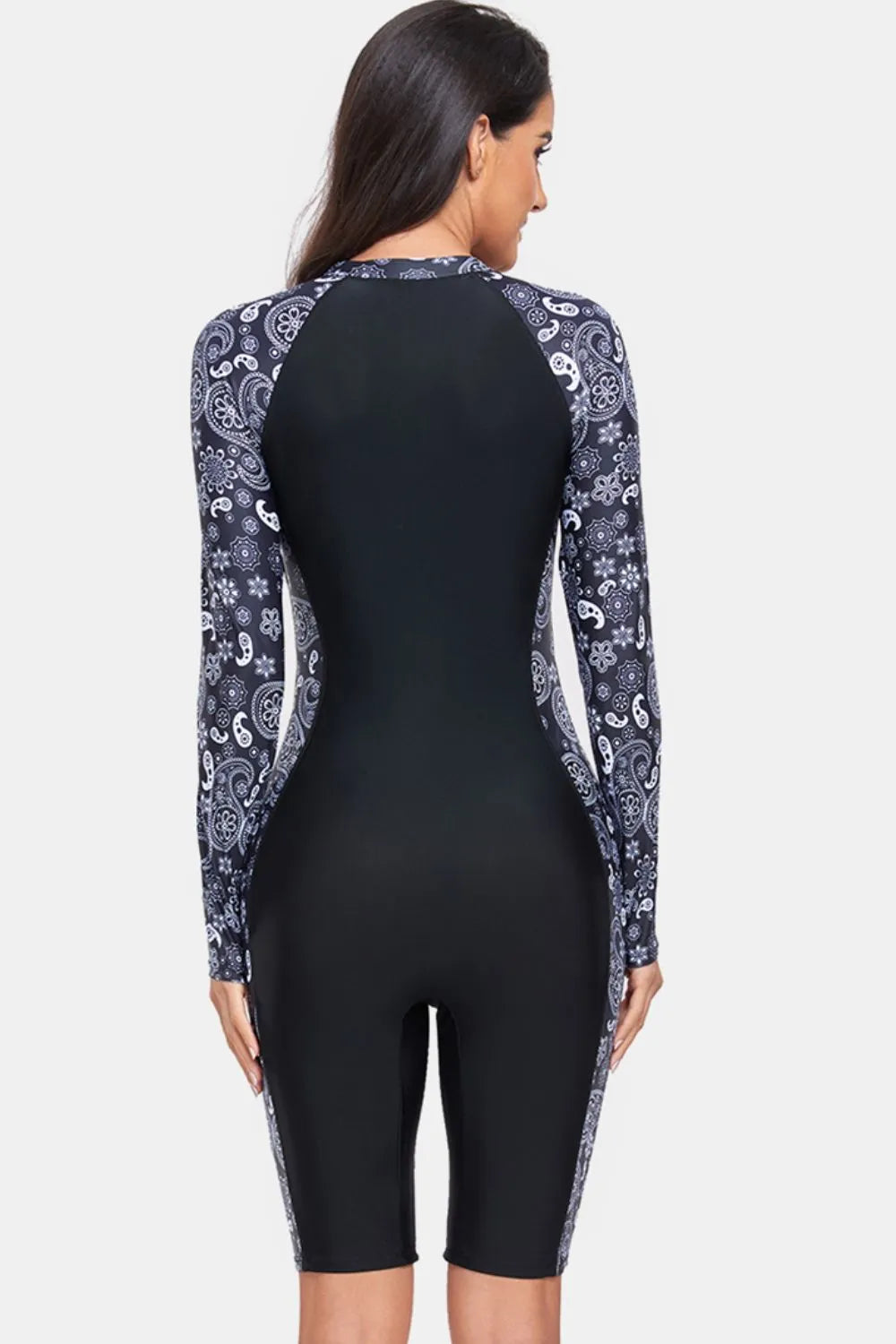 Printed Half Zip Long Sleeve One-Piece Swimwear - Wellen Fashion