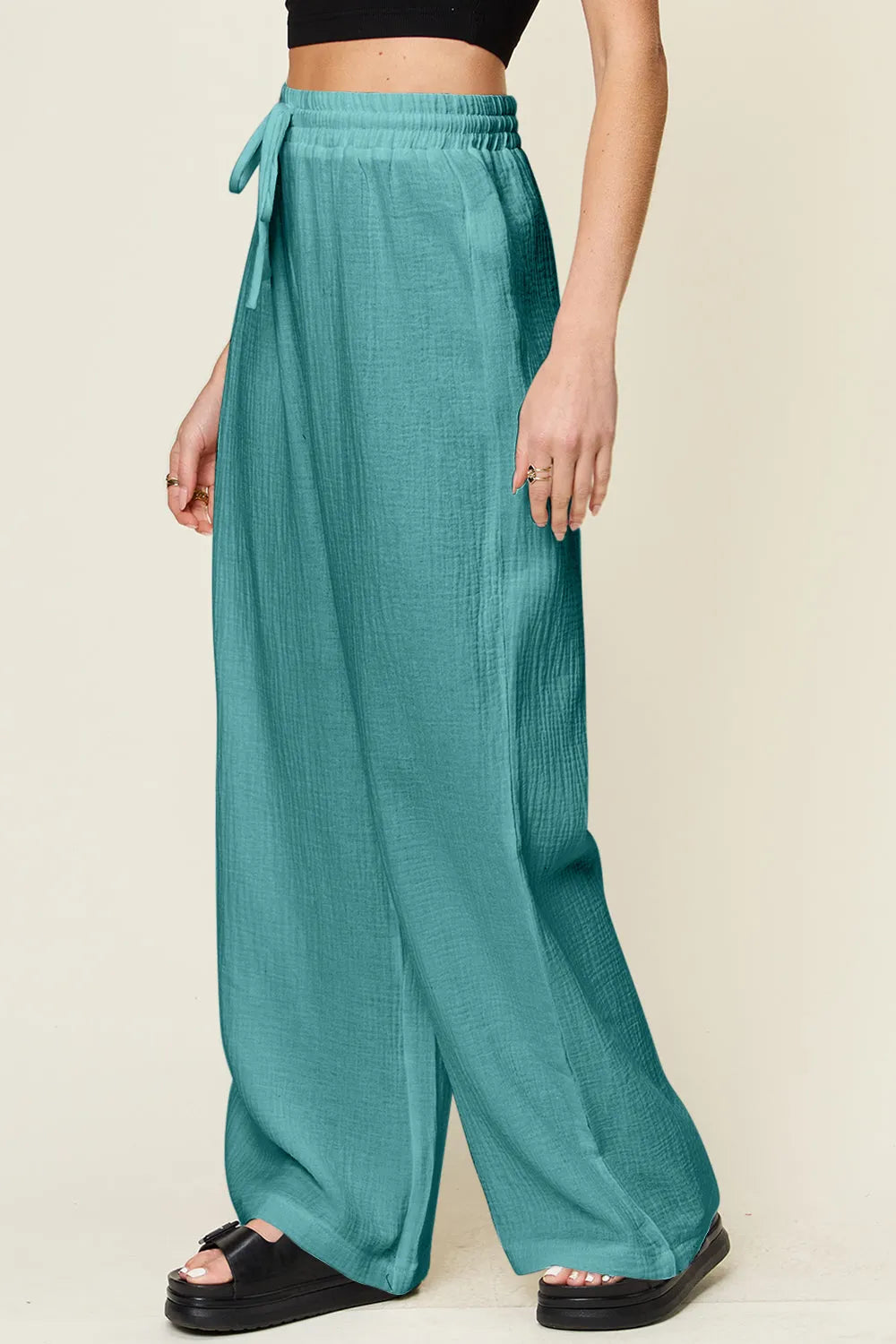 Double Take Full Size Texture Drawstring Wide Leg Pants - Wellen Fashion