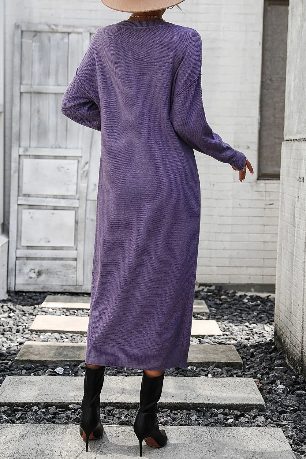 Decorative Button Notched Dropped Shoulder Sweater Dress - Wellen Fashion