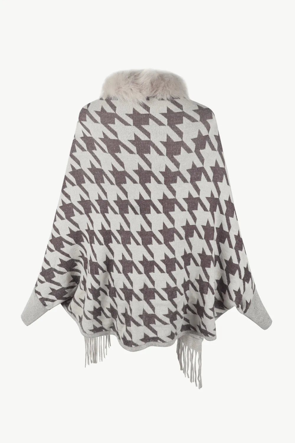 Houndstooth Fringe Hem Poncho - Wellen Fashion