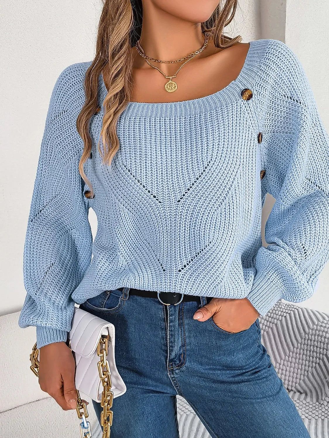 Openwork Buttoned Square Neck Sweater - Wellen Fashion