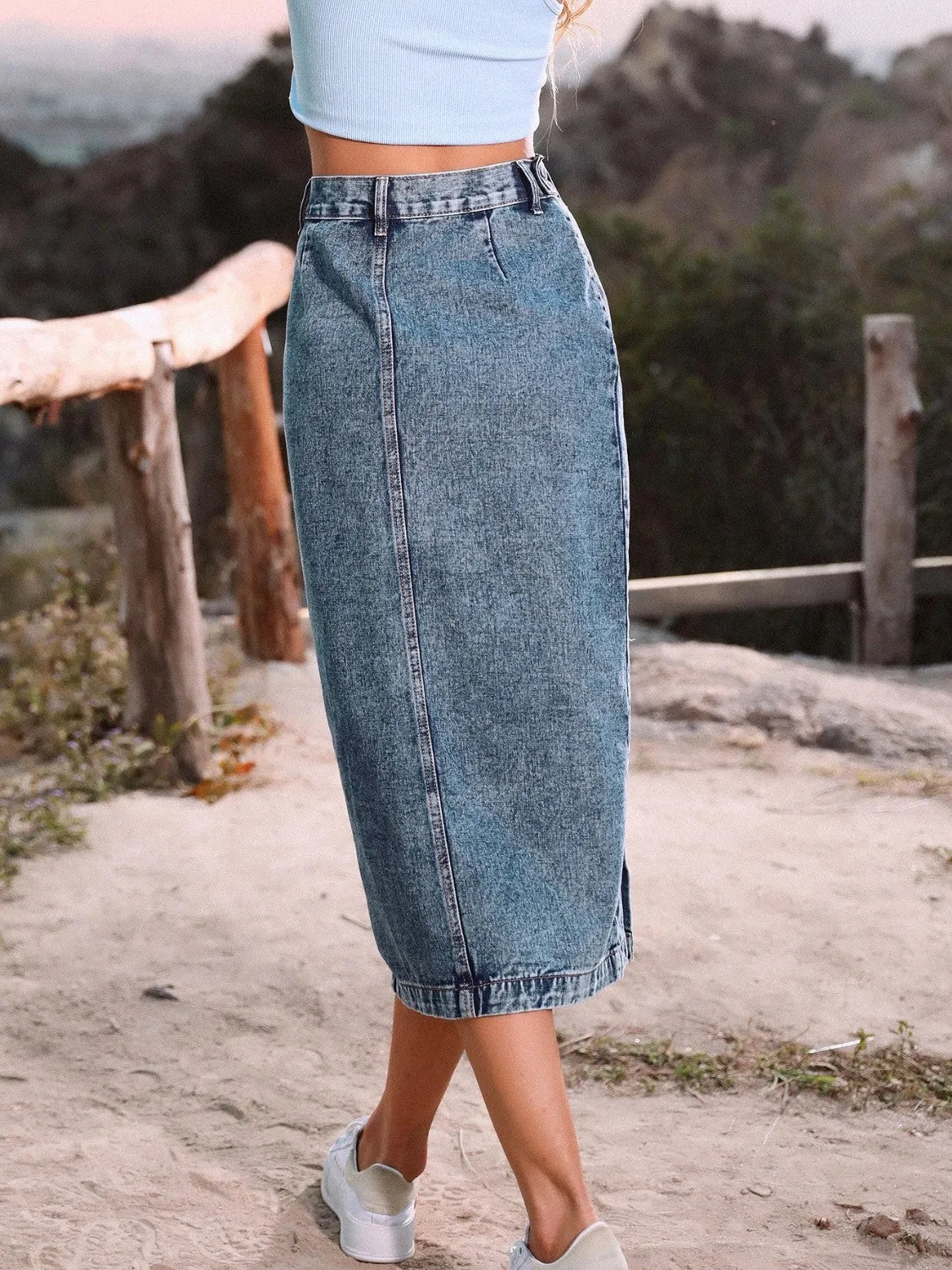 Button Down Denim Skirt - Wellen Fashion