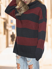 Striped Turtleneck Long Sleeve Sweater - Wellen Fashion