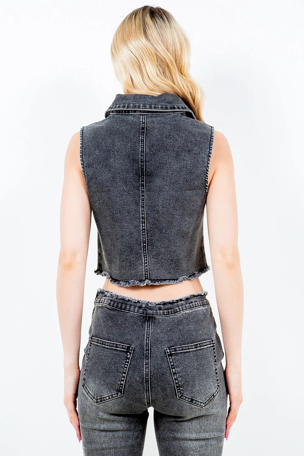 American Bazi Zip Up Washed Crop Denim Vest - Wellen Fashion