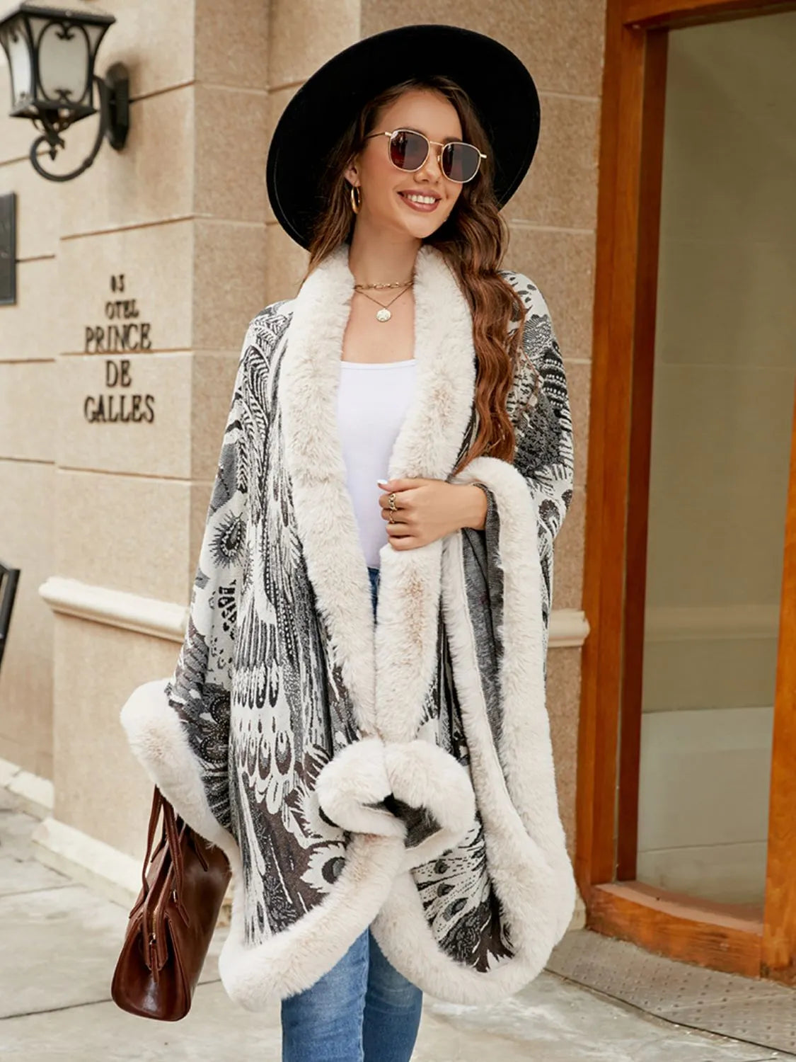 Printed Open Front Poncho - Wellen Fashion