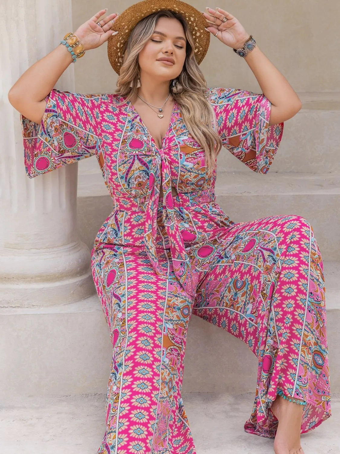 Plus Size Printed Half Sleeve Wide Leg Jumpsuit - Wellen Fashion