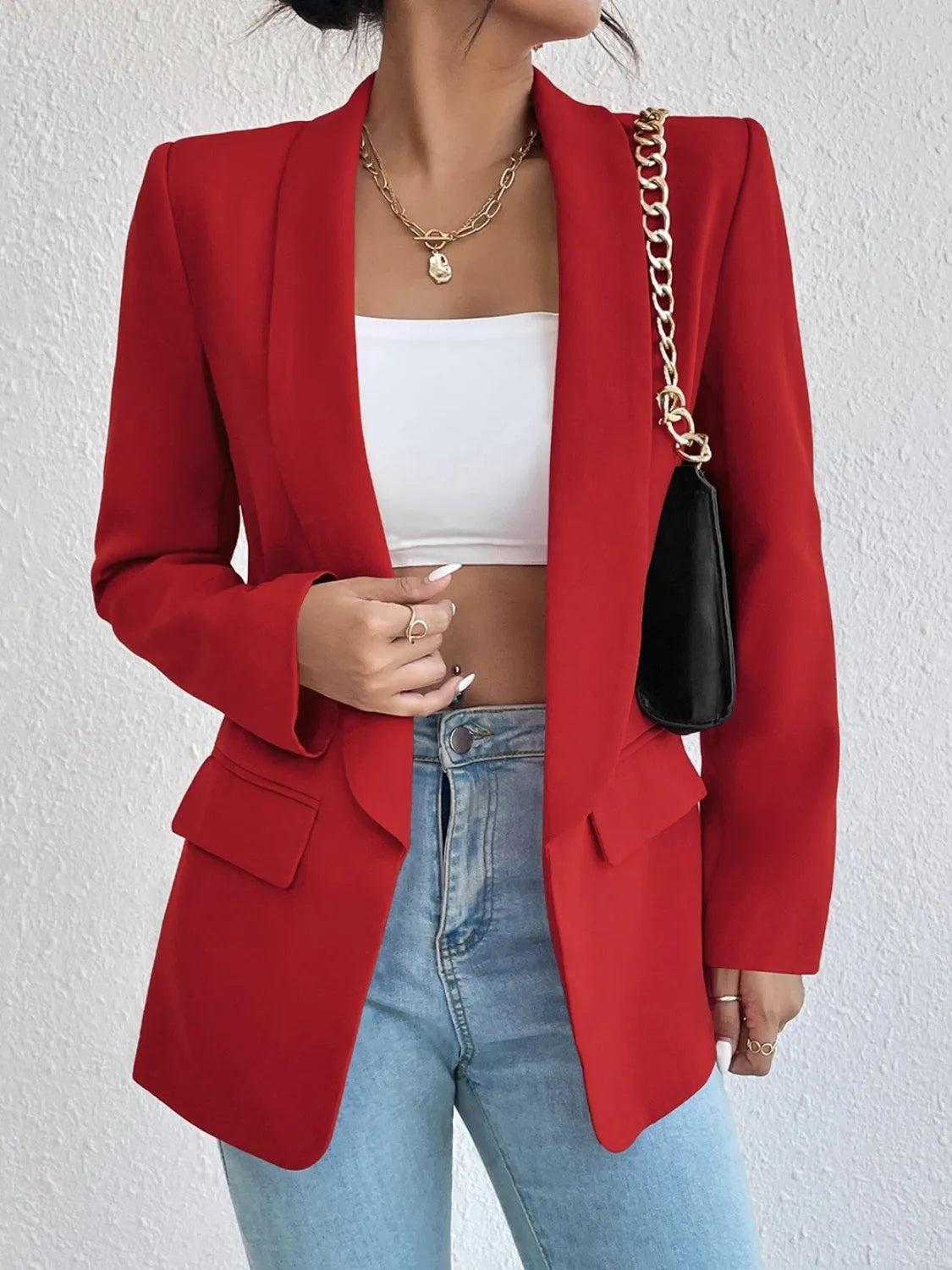 Shawl Collar Long Sleeve Blazer - Wellen Fashion