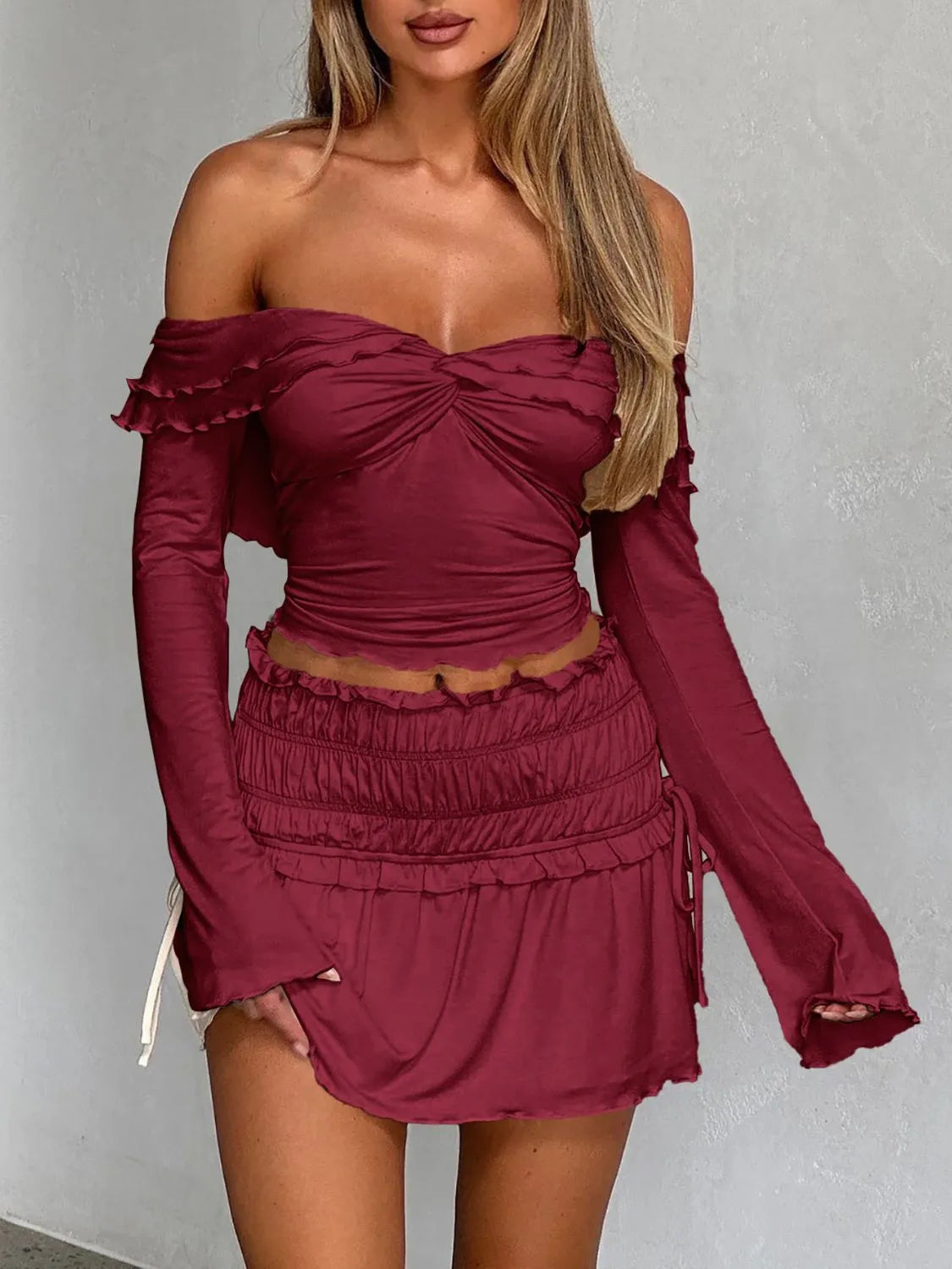 Devine Twisted Ruffled Off-Shoulder Long Sleeve T-Shirt - Wellen Fashion