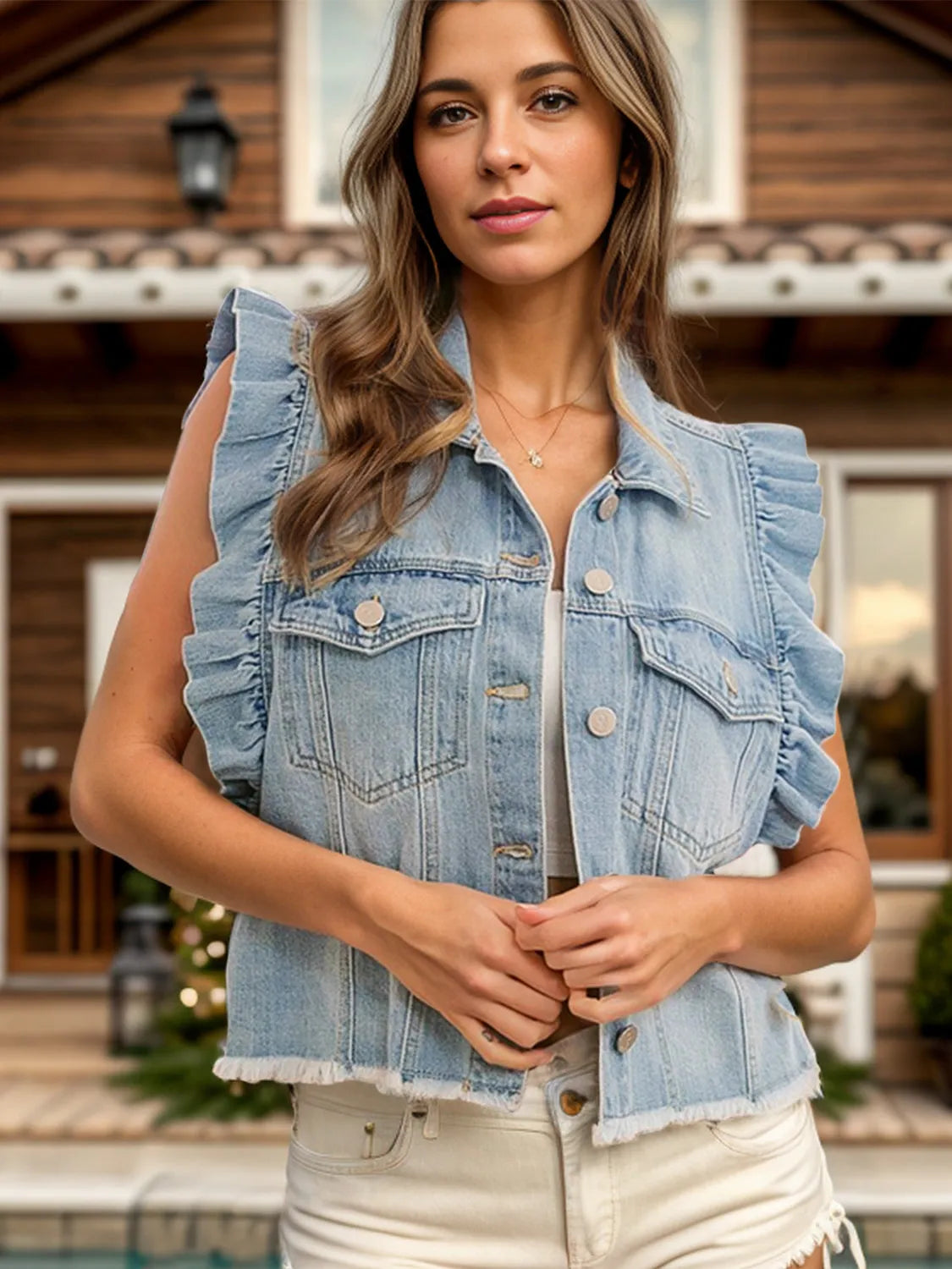 Raw Hem Ruffled Cap Sleeve Denim Jacket - Wellen Fashion