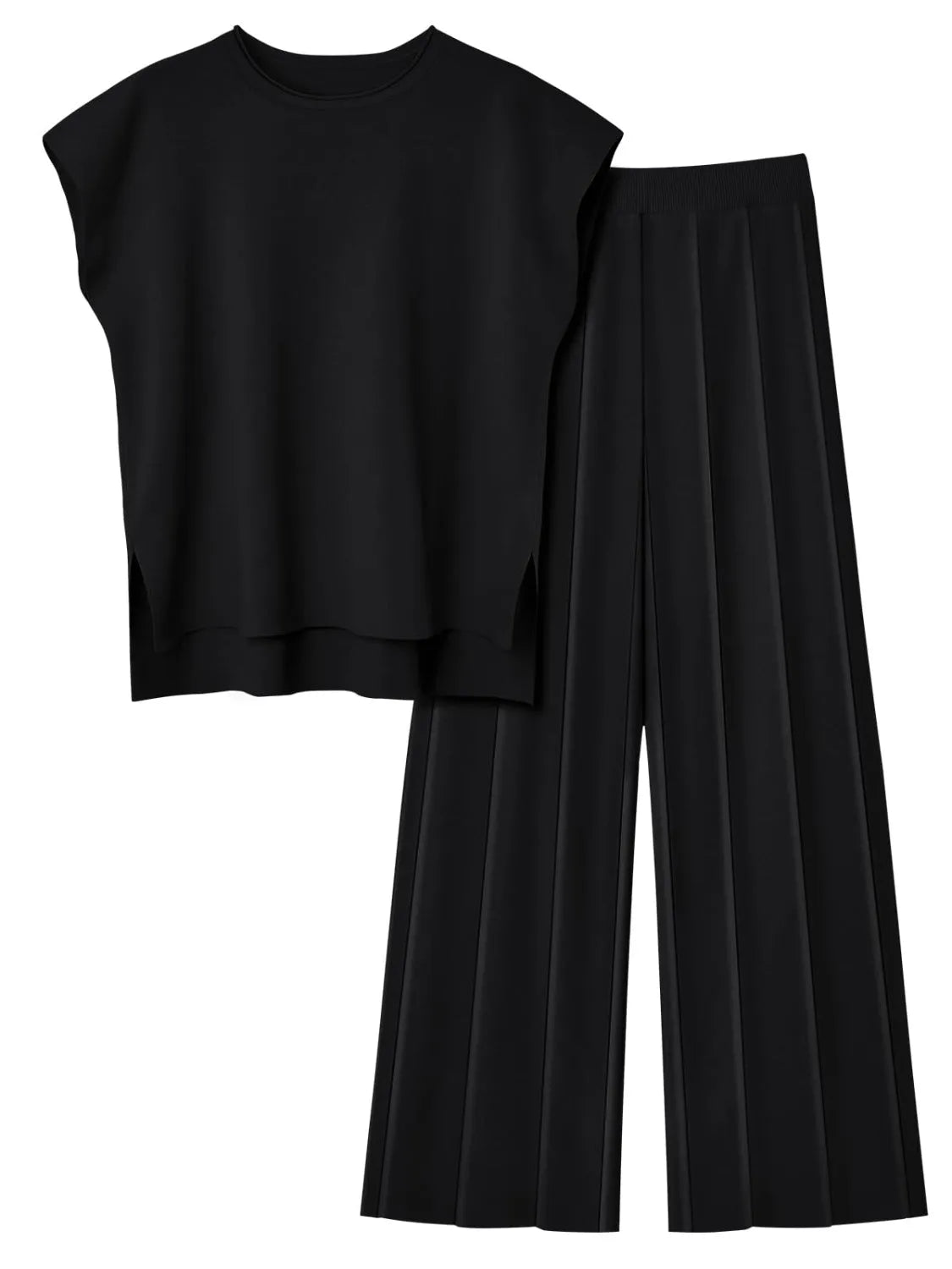 Round Neck Cap Sleeve Top and Pants Knit Set - Wellen Fashion