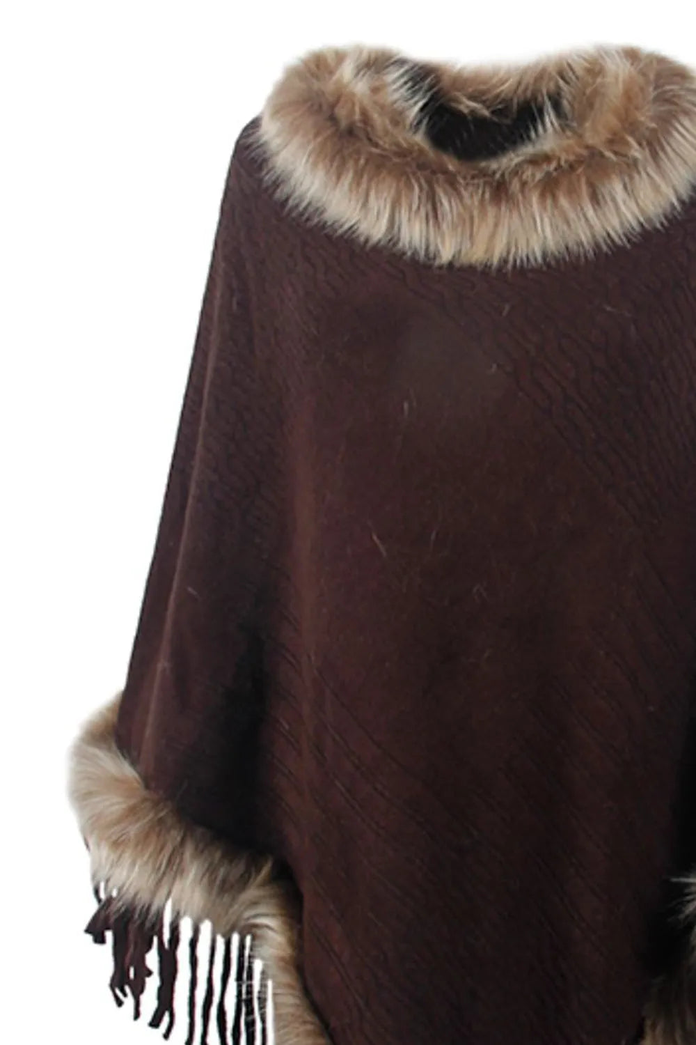 Faux Fur Trim Fringed Poncho - Wellen Fashion