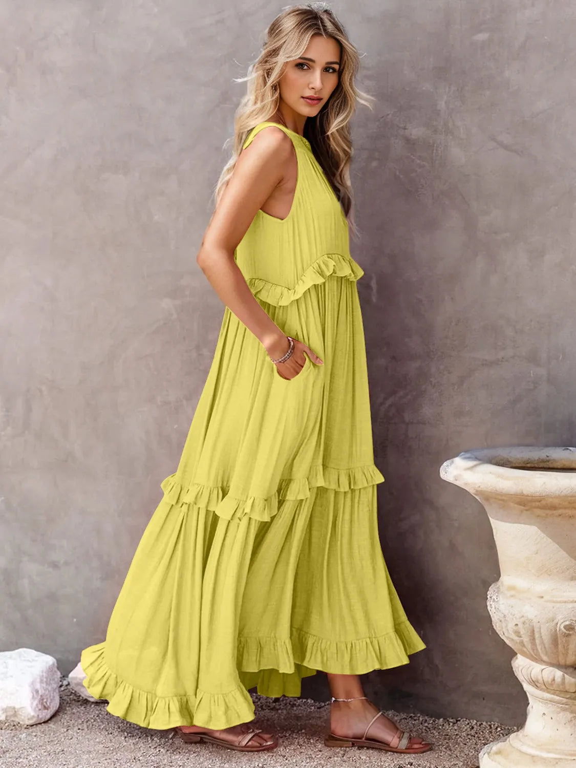 Ruffled Sleeveless Tiered Maxi Dress with Pockets - Wellen Fashion