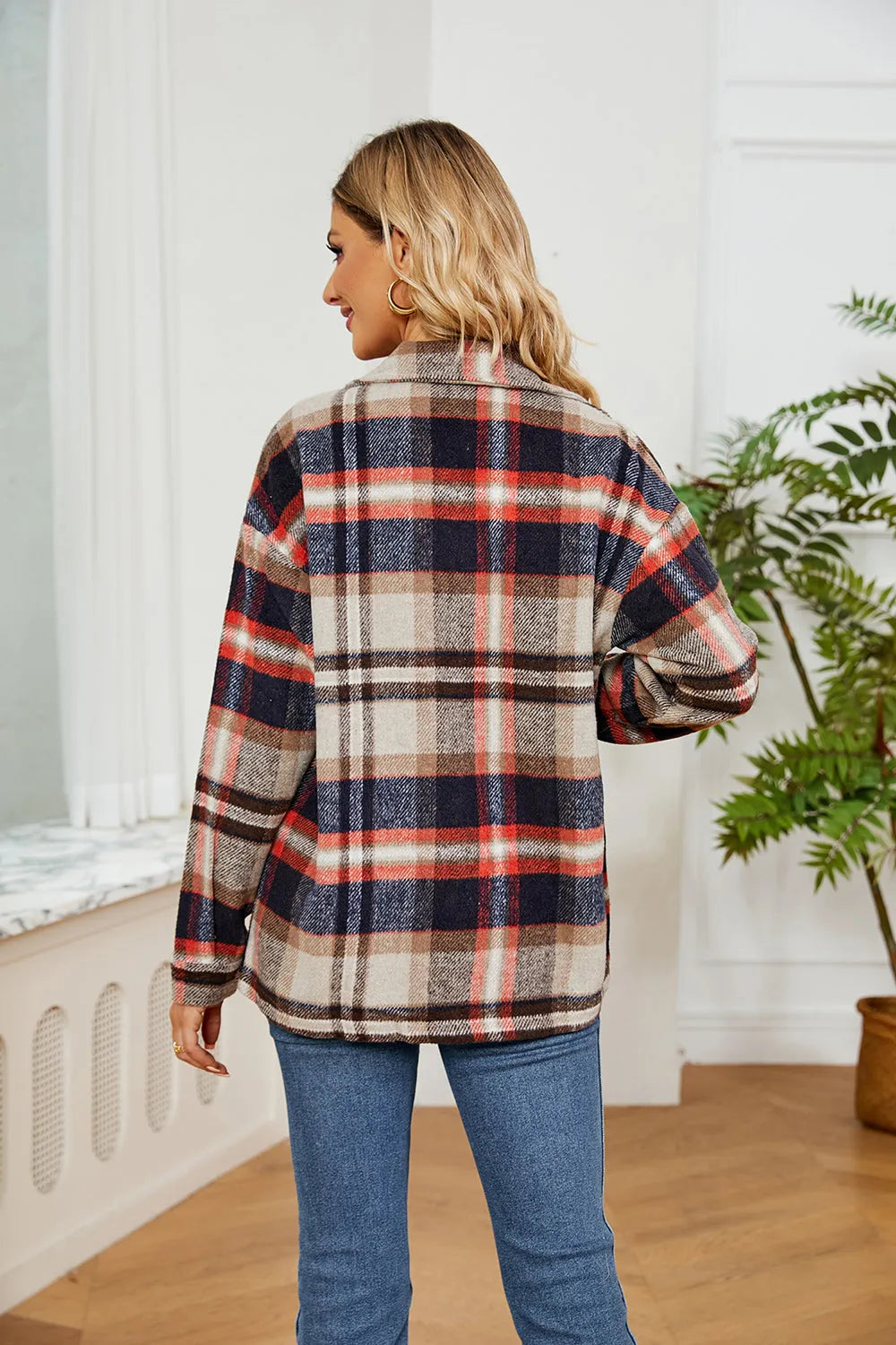 Collared Plaid Shacket - Wellen Fashion