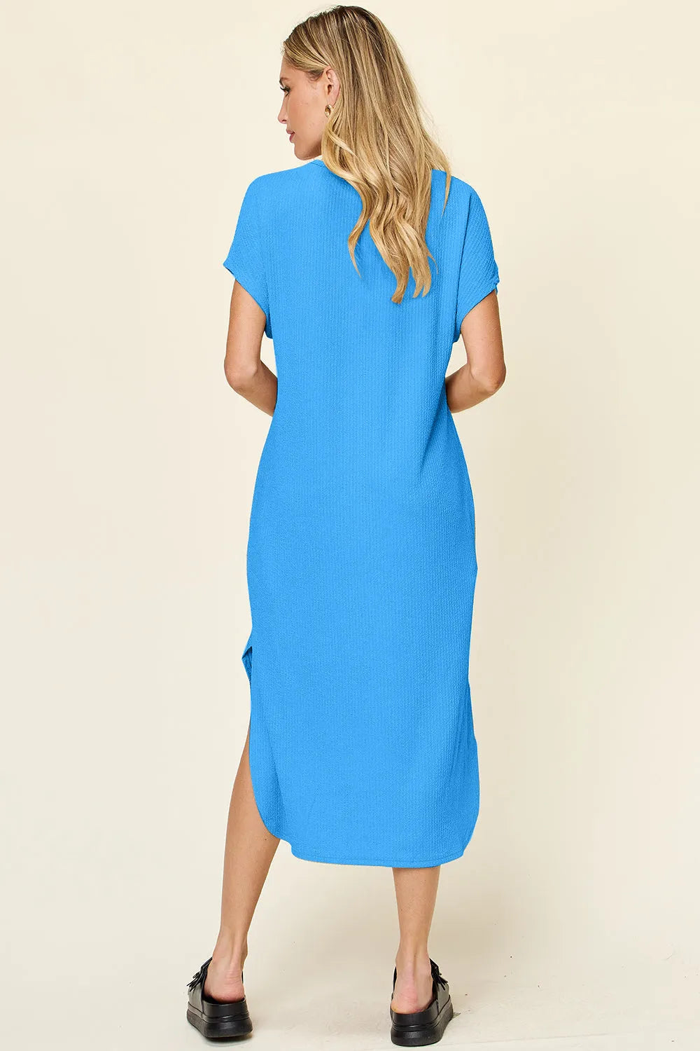 Double Take Full Size Round Neck Short Sleeve Slit Dress - Wellen Fashion