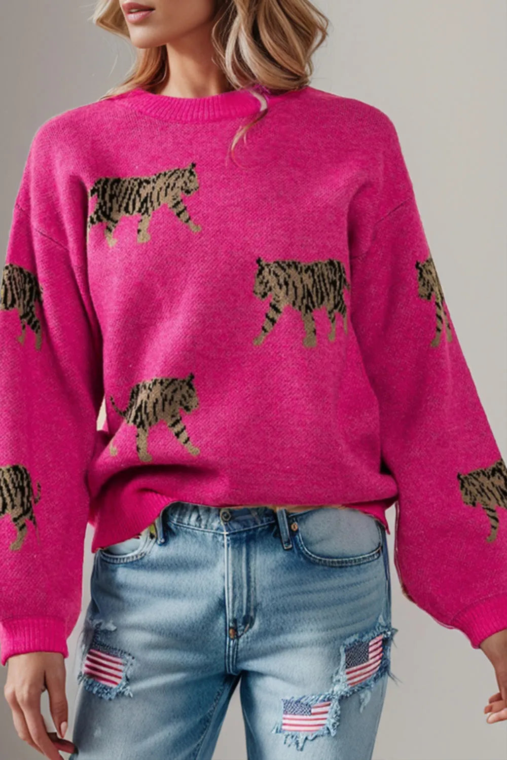 Tiger Pattern Round Neck Drop Shoulder Sweater - Wellen Fashion