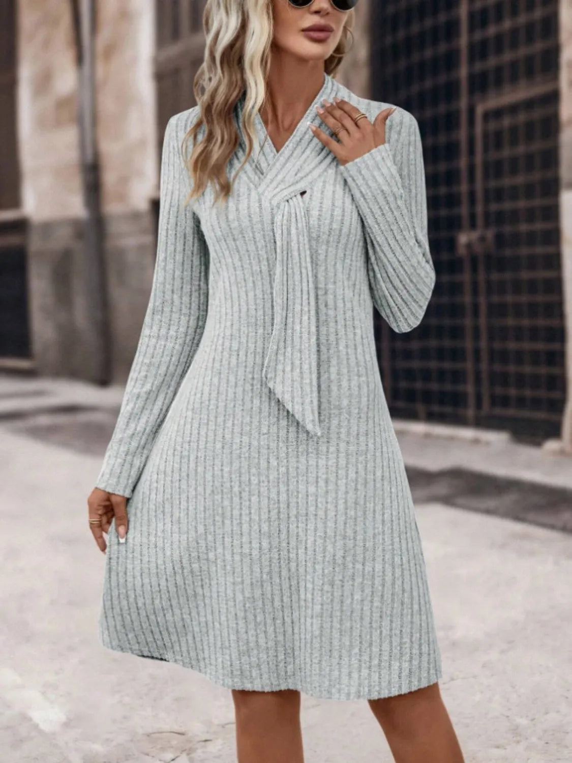 Ribbed Long Sleeve Sweater Dress - Wellen Fashion