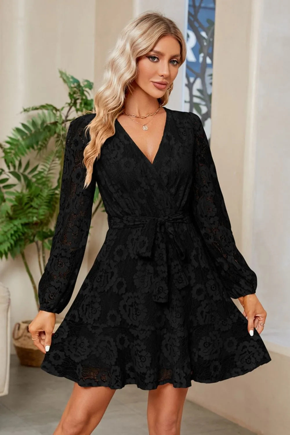 Surplice Lace Long Sleeve Mini Dress - Wellen Fashion