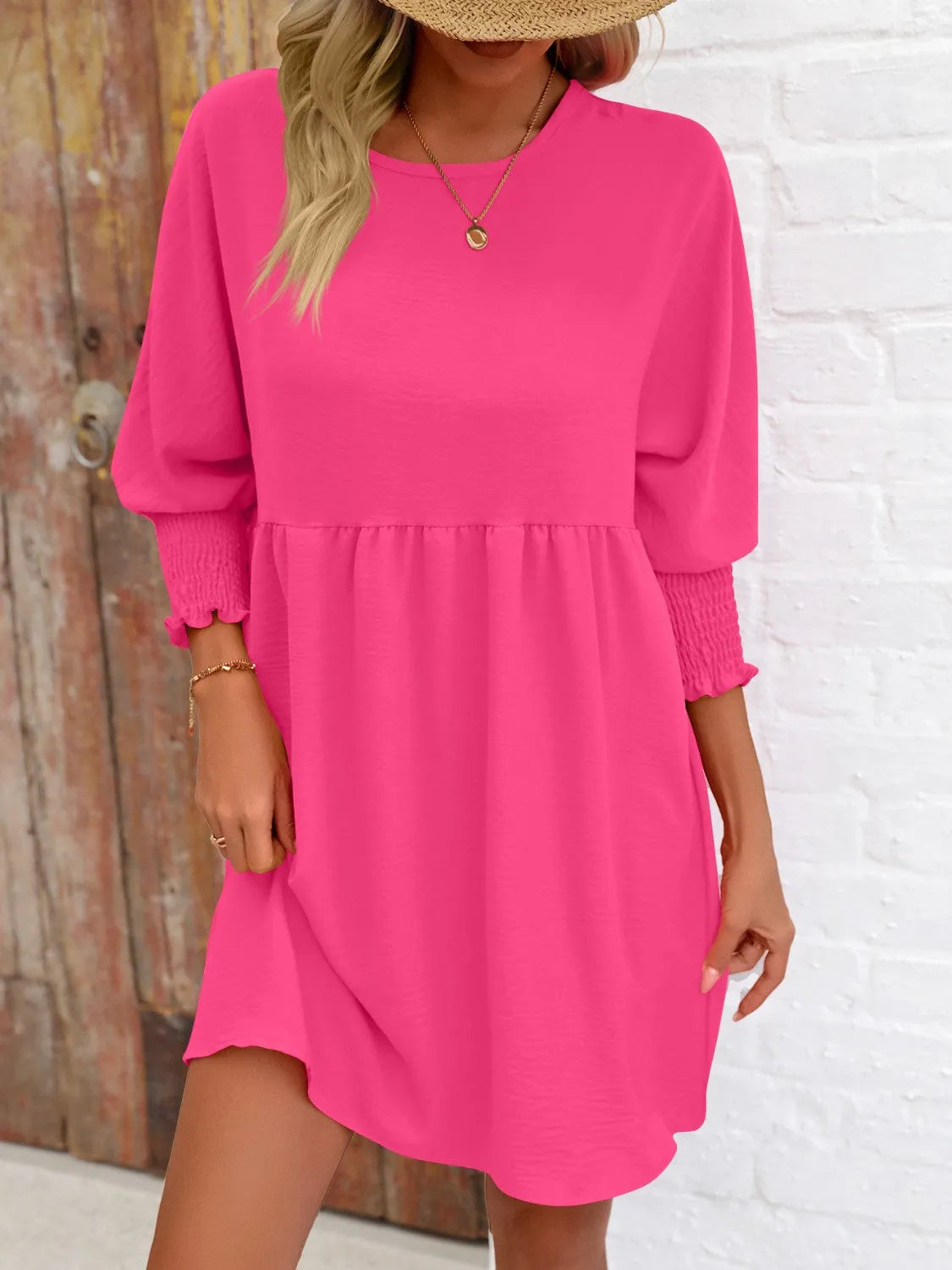 Round Neck Lantern Sleeve Mini Dress - Wellen Fashion