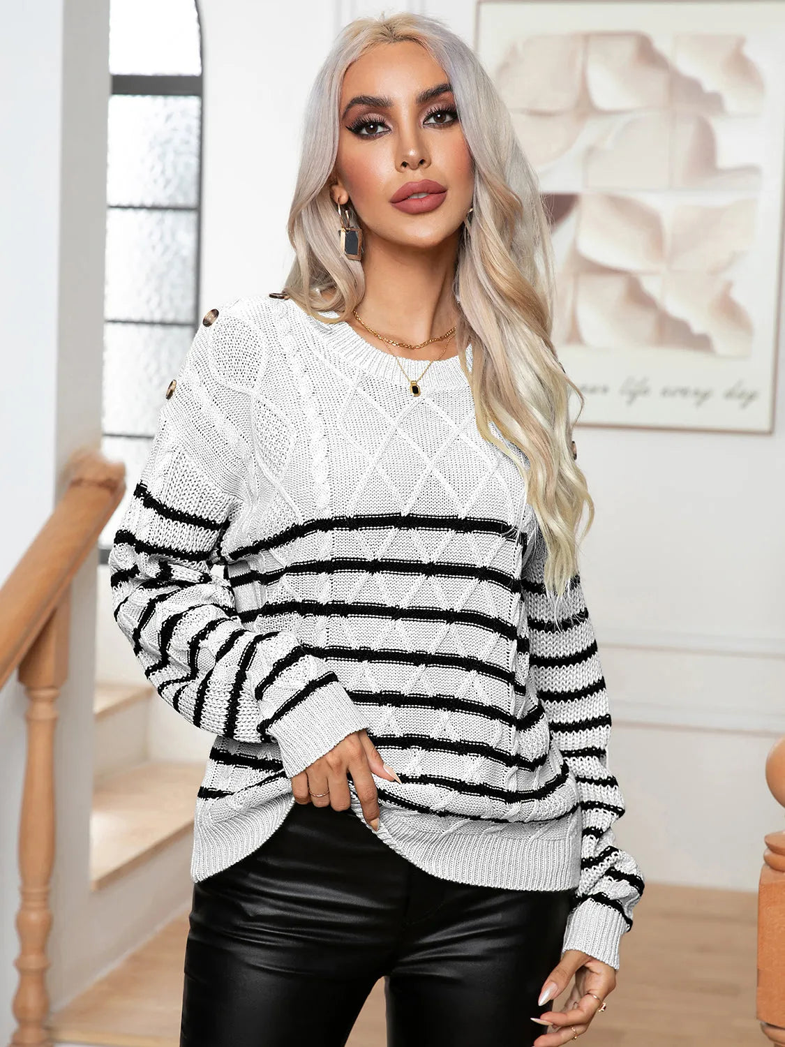 Striped Round Neck Cable-Knit Sweater - Wellen Fashion