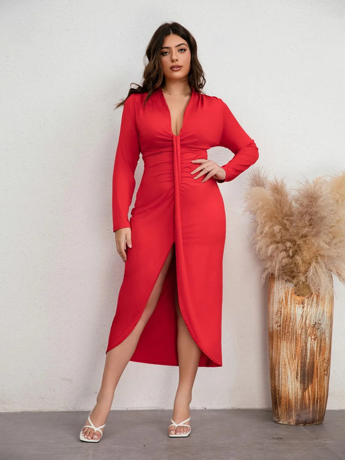 Plus Size Plunge Ruched Slit Dress - Wellen Fashion