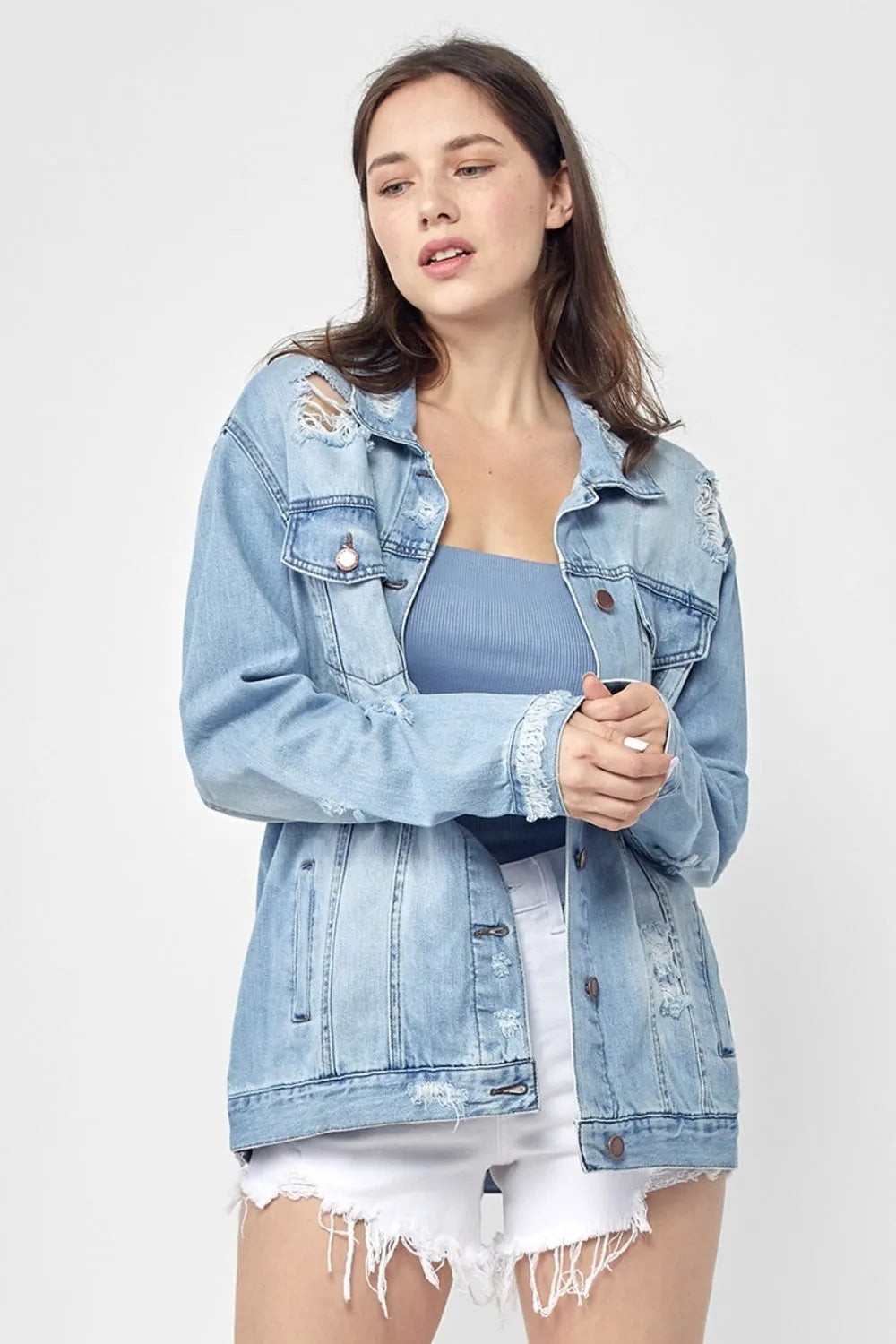 RISEN Full Size Distressed Long Sleeve Denim Jacket - Wellen Fashion