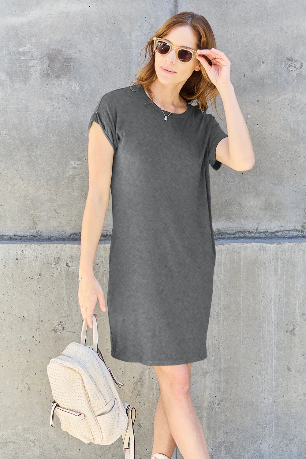 Basic Bae Full Size Round Neck Short Sleeve Dress with Pockets - Wellen Fashion