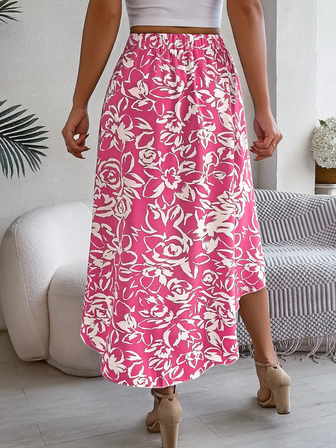 High-Low Printed High Waist Skirt - Wellen Fashion